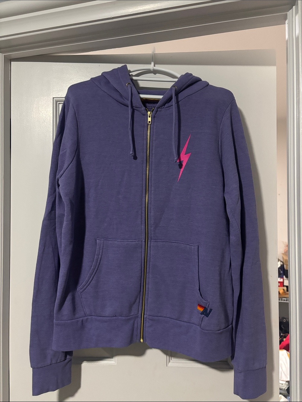 Aviator Nation Purple Zip-Up Hoodie with Pink Lightning Graphic